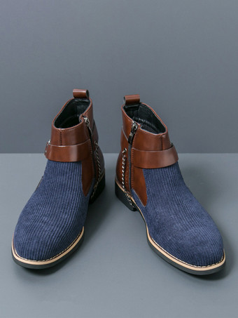 メンズブーツ ハイトップ ニット サイドジッパー付き フォーマルシューズ ラウンドトゥ ローヒール チェーン ドレスブーツ