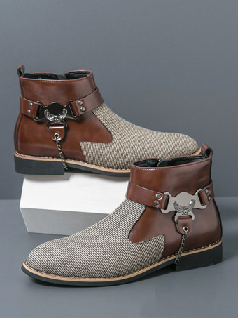 メンズブーツ ハイトップ ニット サイドジッパー付き フォーマルシューズ ラウンドトゥ ローヒール チェーン ドレスブーツ