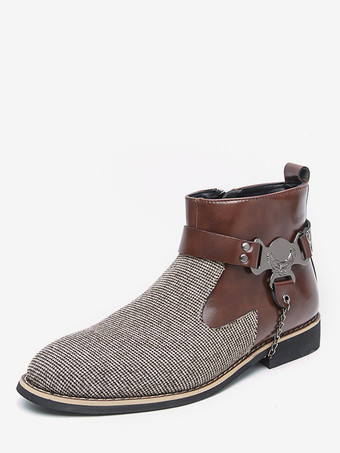 ディープアプリコットメンズブーツ ハイトップ ニット サイドジッパー付き フォーマルシューズ ラウンドトゥ ローヒール チェーン ドレスブーツ