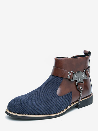 ブルー メンズブーツ ハイトップ ニット サイドジッパー付き フォーマルシューズ ラウンドトゥ ローヒール チェーン ドレスブーツ