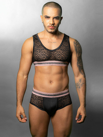 ブラック メンズ セクシー コスチューム ゴーゴーボーイ レース ロールプレイ セクシー トップ ショートパンツ セット