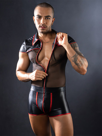 ブラック メンズ セクシー コスチューム ナース ロールプレイ メッシュ ポリエステル セクシー ランジェリー ジャンプスーツ