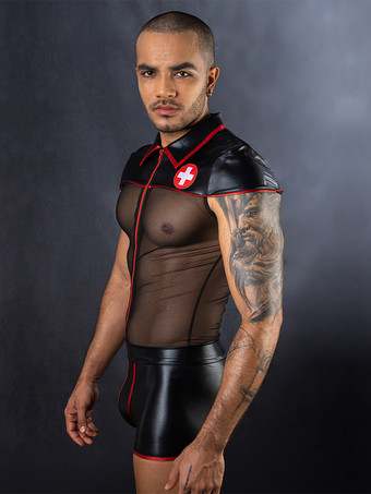 メンズ セクシー コスチューム ナース ロールプレイ メッシュ ポリエステル セクシー ランジェリー ジャンプスーツ