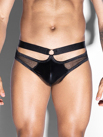 ブラック メンズランジェリー 下着 メッシュ ローライズ ポーチ ひもパンティー