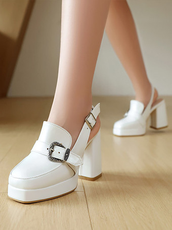 Bianco Mocassini con tacco alto punta quadrata fibbia décolleté con cinturino posteriore per donna