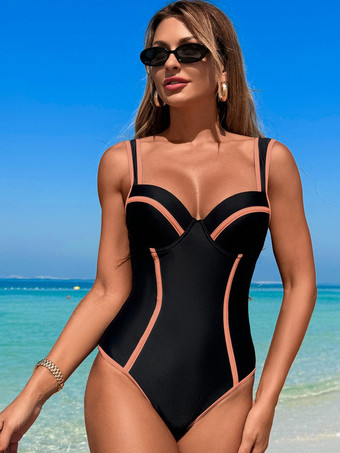 ピンク2025年夏向けコントラストカラーシンプルワンピース水着