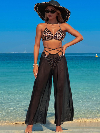 ヒョウ柄2025年夏向けのシンプルなプリントビキニとシースルービーチパンツの3点セット