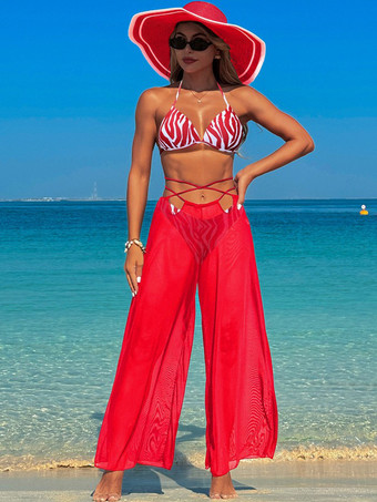 レッド 2025年夏向けのシンプルなプリントビキニとシースルービーチパンツの3点セット