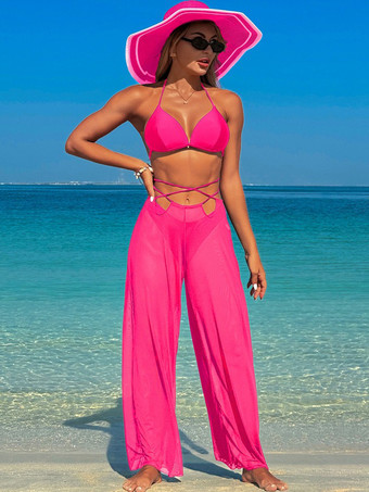 ローズレッド2025年夏向けシンプルビキニとシースルービーチパンツの3点セット