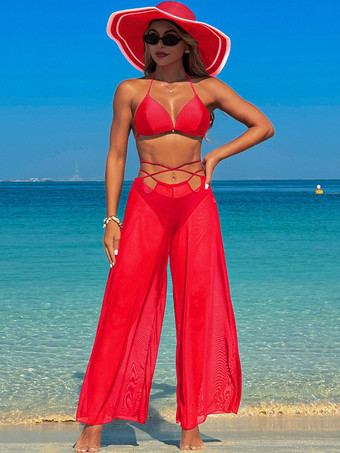 レッド2025年夏向けシンプルビキニとシースルービーチパンツの3点セット