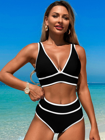 ブラック 2025年夏向けVネックハイウエスト2ピース水着