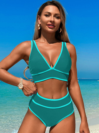 シアン2025年夏向けVネックハイウエスト2ピース水着