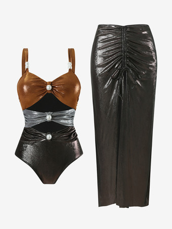 光沢のあるカラーブロックモノキニとミディビーチスカート、パール付き 3 ピース水着セット 2025