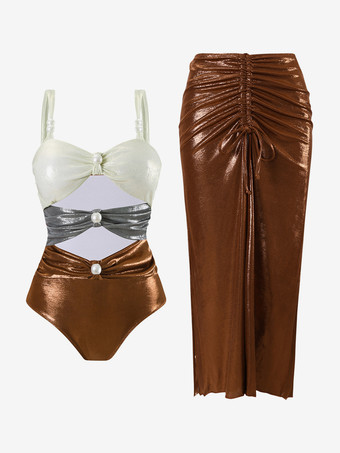 光沢のあるカラーブロックモノキニとミディビーチスカート、パール付き 3 ピース水着セット 2025