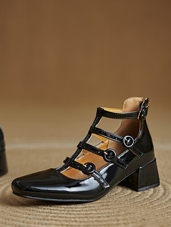 ブラック チャンキーヒールパンプス スクエアトゥ ストラップ付き ミッドヒール ヴィンテージシューズ