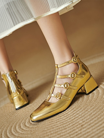 チャンキーヒールパンプス スクエアトゥ ストラップ付き ミッドヒール ヴィンテージシューズ