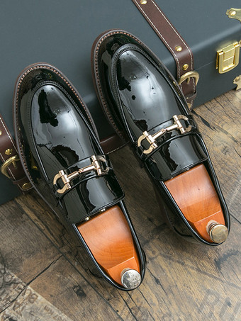 メンズ ホースビットローファー スリッポン ポインテッドトゥ ローヒール メタルデコレーション ペニーシューズ