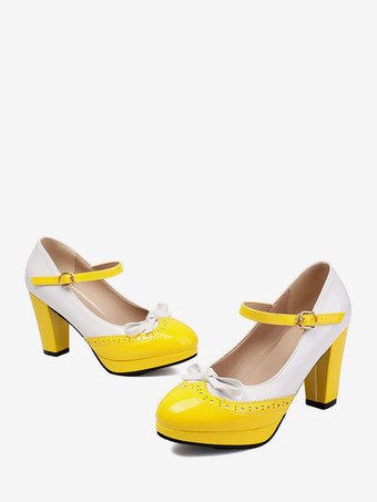イエロー赤いヴィンテージシューズ フリル ラウンドトゥ ボウ メリージェーンシューズ