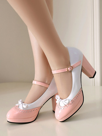 ピンク 赤いヴィンテージシューズ フリル ラウンドトゥ ボウ メリージェーンシューズ