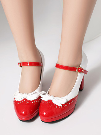 赤いヴィンテージシューズ フリル ラウンドトゥ ボウ メリージェーンシューズ