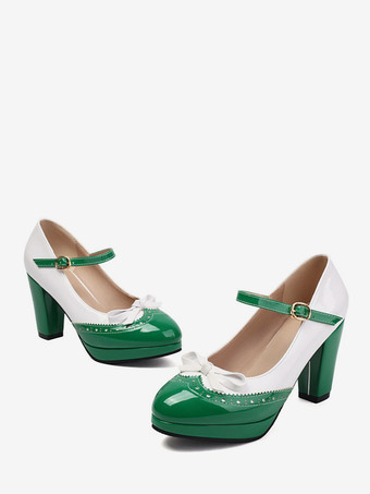 グリーン 赤いヴィンテージシューズ フリル ラウンドトゥ ボウ メリージェーンシューズ