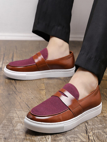 メンズ ペニーローファー スリッポン ラウンドトゥ 厚底 モカシン スエード スプライスレザー ペニーシューズ