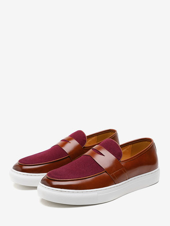 ワインレッド メンズ ペニーローファー スリッポン ラウンドトゥ 厚底 モカシン スエード スプライスレザー ペニーシューズ