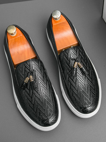 ブラック メンズ タッセルローファー シューズ スリッポン 織り 耐摩耗性 厚底 ウォーキング