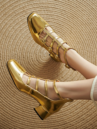 チャンキーヒールパンプス スクエアトゥ ストラップ付き ミッドヒール ヴィンテージシューズ