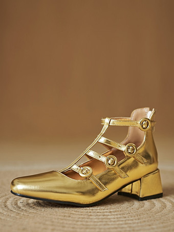 ゴールド チャンキーヒールパンプス スクエアトゥ ストラップ付き ミッドヒール ヴィンテージシューズ