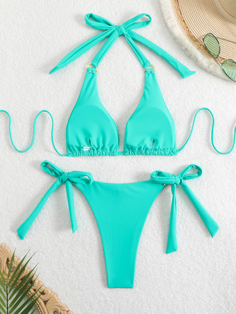 2025年夏用無地ホルターネックビキニ2ピース水着