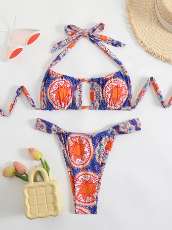 2025年夏向けボヘミアンプリントホルタービキニ2ピース水着