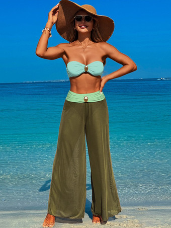 ダークグリーンストラップレスビキニとワイドレッグビーチパンツの3ピース水着セット、女性用 2025