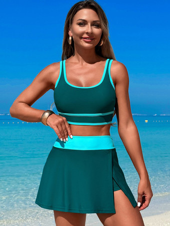 ダークグリーンコントラストカラーの水着とビーチスポーツスカートの2点セット、女性用 2025