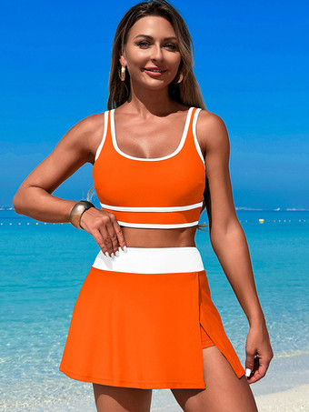 オレンジ コントラストカラーの水着とビーチスポーツスカートの2点セット、女性用 2025