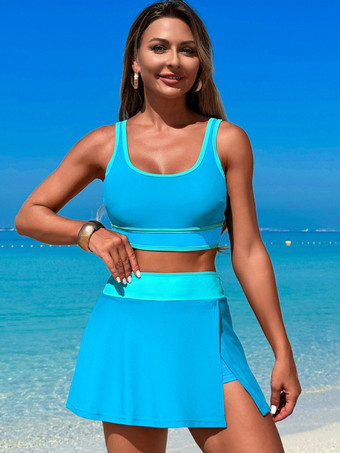 ライトスカイブルーコントラストカラーの水着とビーチスポーツスカートの2点セット、女性用 2025