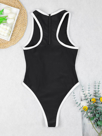 2025年夏向け黒と白のコントラストラウンドネックワンピース水着