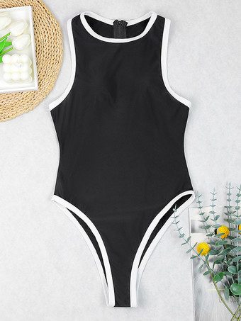 2025年夏向け黒と白のコントラストラウンドネックワンピース水着