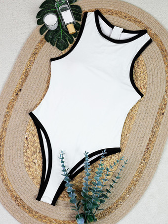 2025年夏向け黒と白のコントラストラウンドネックワンピース水着