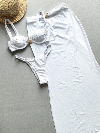 2025年夏用ソリッドカラーのセクシーなビキニとロングビーチスカートの2ピース水着セット