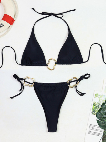 ホルターネック セクシー 無地 ビキニ ローウエスト ツーピース 水着 夏 2025