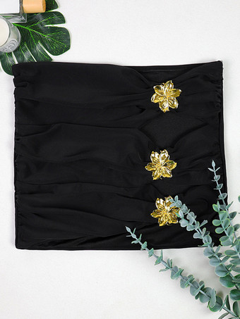 金色の花とカットアウトミニビーチスカートの黒いビキニ3点水着セット2025