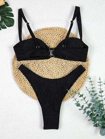 金色の花とカットアウトミニビーチスカートの黒いビキニ3点水着セット2025