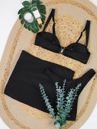 金色の花とカットアウトミニビーチスカートの黒いビキニ3点水着セット2025