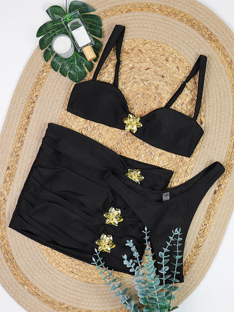 金色の花とカットアウトミニビーチスカートの黒いビキニ3点水着セット2025