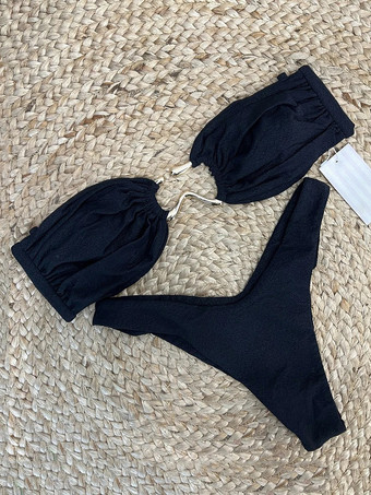 取り外し可能なホルター無地ビキニ2ピース水着セット2025