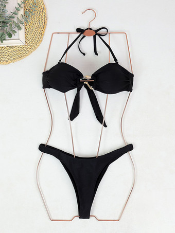ブラック 取り外し可能なホルター無地ビキニ2ピース水着セット2025