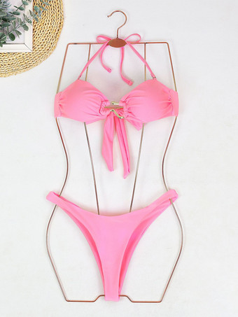 ピンク取り外し可能なホルター無地ビキニ2ピース水着セット2025