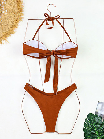 取り外し可能なホルター無地ビキニ2ピース水着セット2025