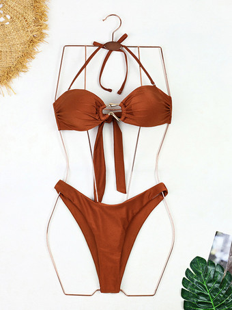 ブラウン 取り外し可能なホルター無地ビキニ2ピース水着セット2025